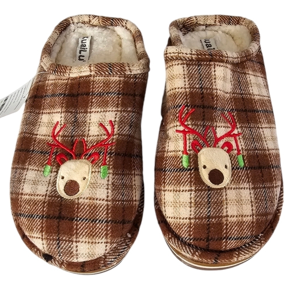 Brown Cream Plaid Christmas Reindeer Slippers Faux Shearling Lining men's 9.5